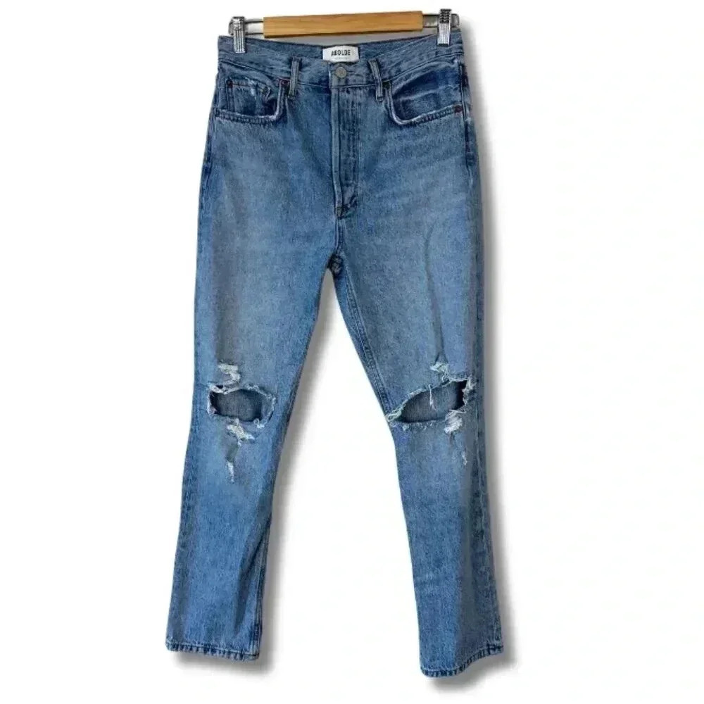 Agolde Women's Jeans Riley Crop Straight Leg High Rise Ripped Knees Size 26